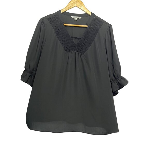 Zac & Rachel Woman Black V-Neck Blouse 2X Ruffle Sleeves Lace Detail Sheer - Picture 1 of 16